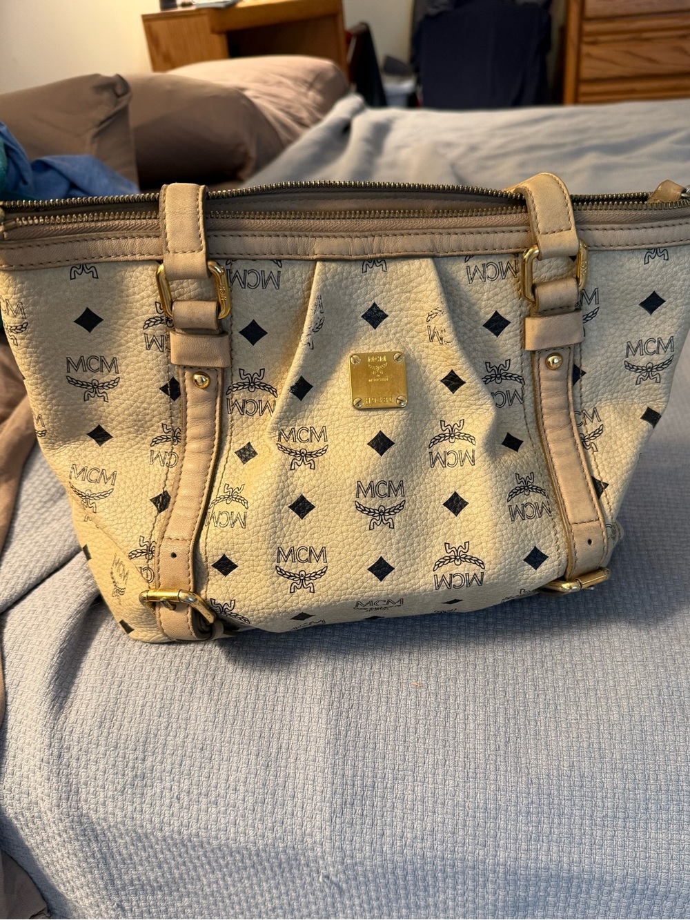 MCM beige Monogram Tote with Gold-Plated Logo Plate